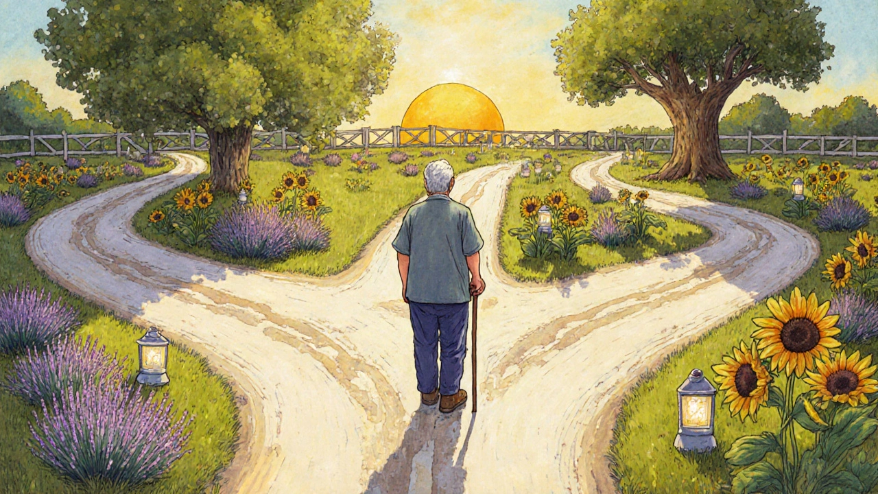 A person at a garden crossroads choosing between paths symbolizing sleep, depression, and heart safety.