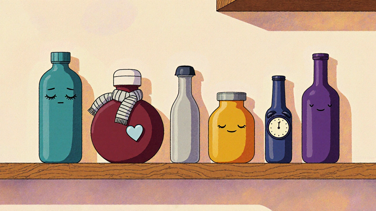 A shelf of cartoonish medication bottles, each with unique colors and accessories representing different drugs.