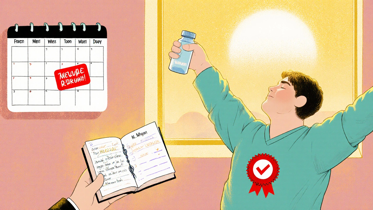Calendar alarm, journal, refill handoff, and victorious patient celebrating SVR12 cure.