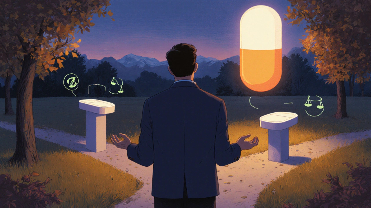 Cartoon of a man at a fork in the road choosing between a combo pill and separate pills.