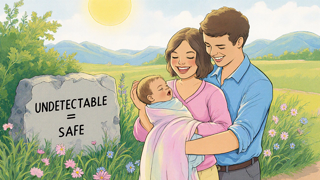Couple holding newborn baby in garden with a plaque reading ‘Undetectable = Safe’.
