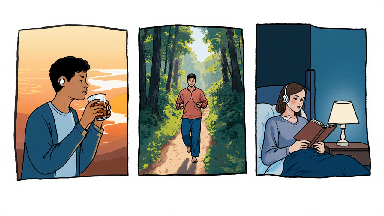 Patient manages fatigue, nausea, and insomnia with tea, walking, and bedtime routine.