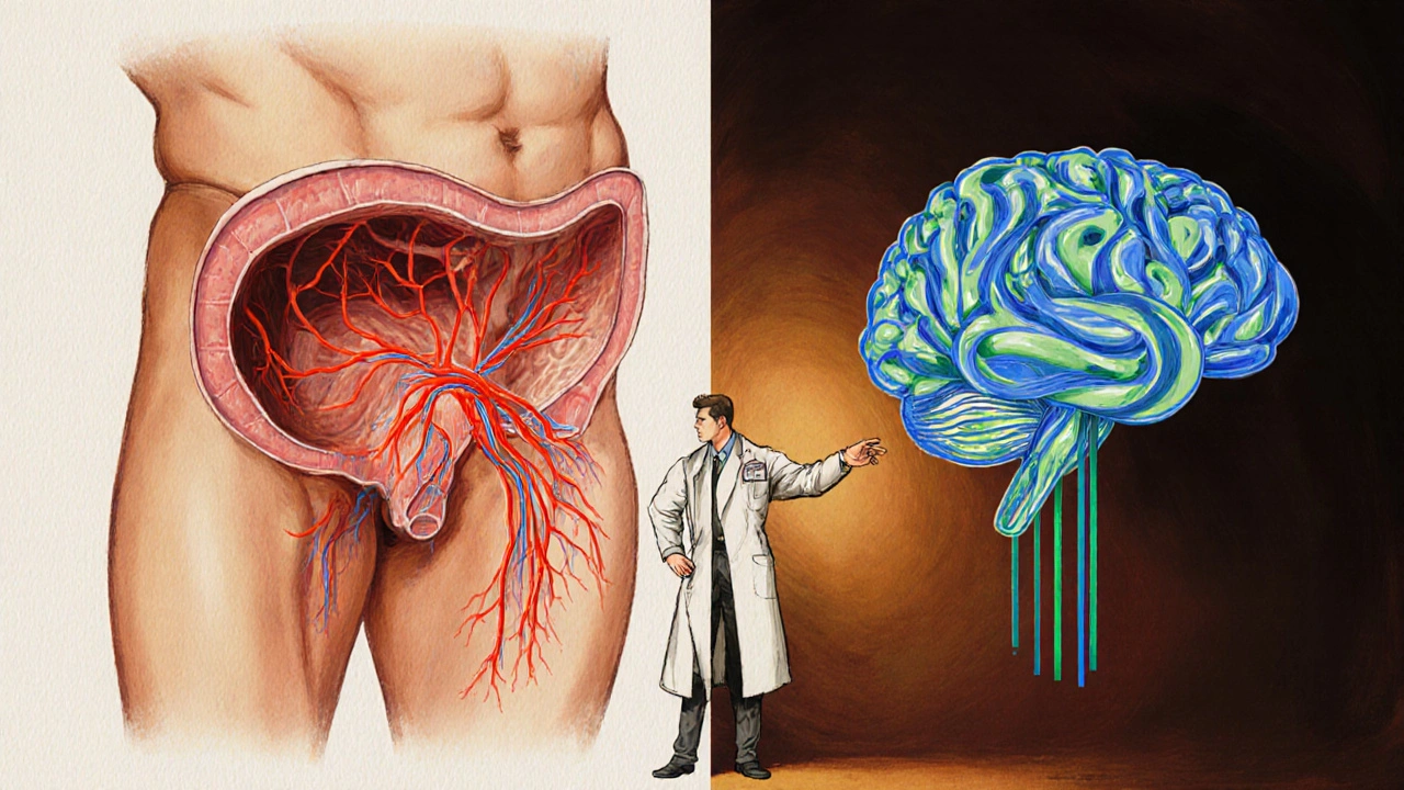 Split illustration showing dilated penile blood vessels and a brain with serotonin pathways.
