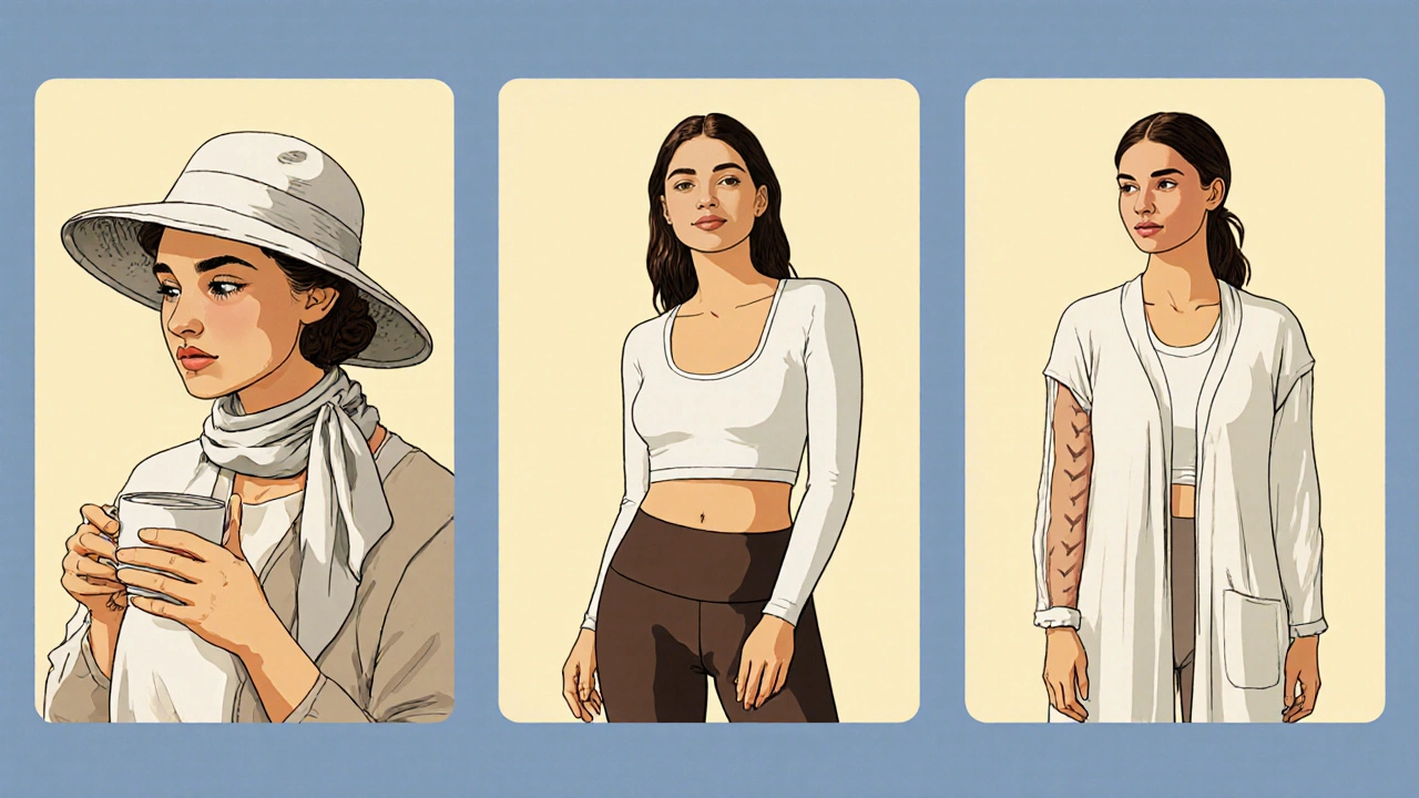 Three mini scenes showing appropriate outfits for facial, genital, and torso outbreaks.