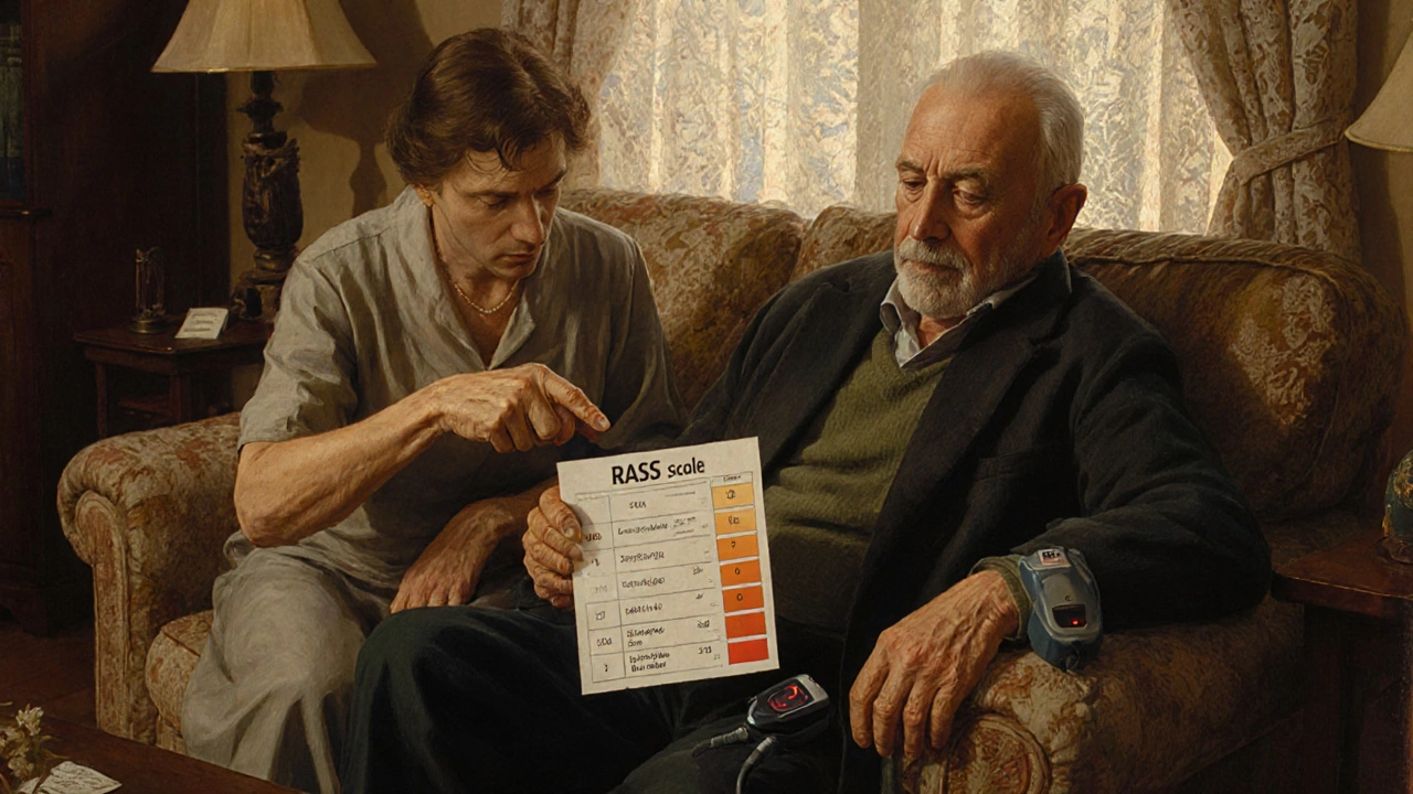 A caregiver using the RASS scale to assess an unresponsive senior in a sunlit living room.