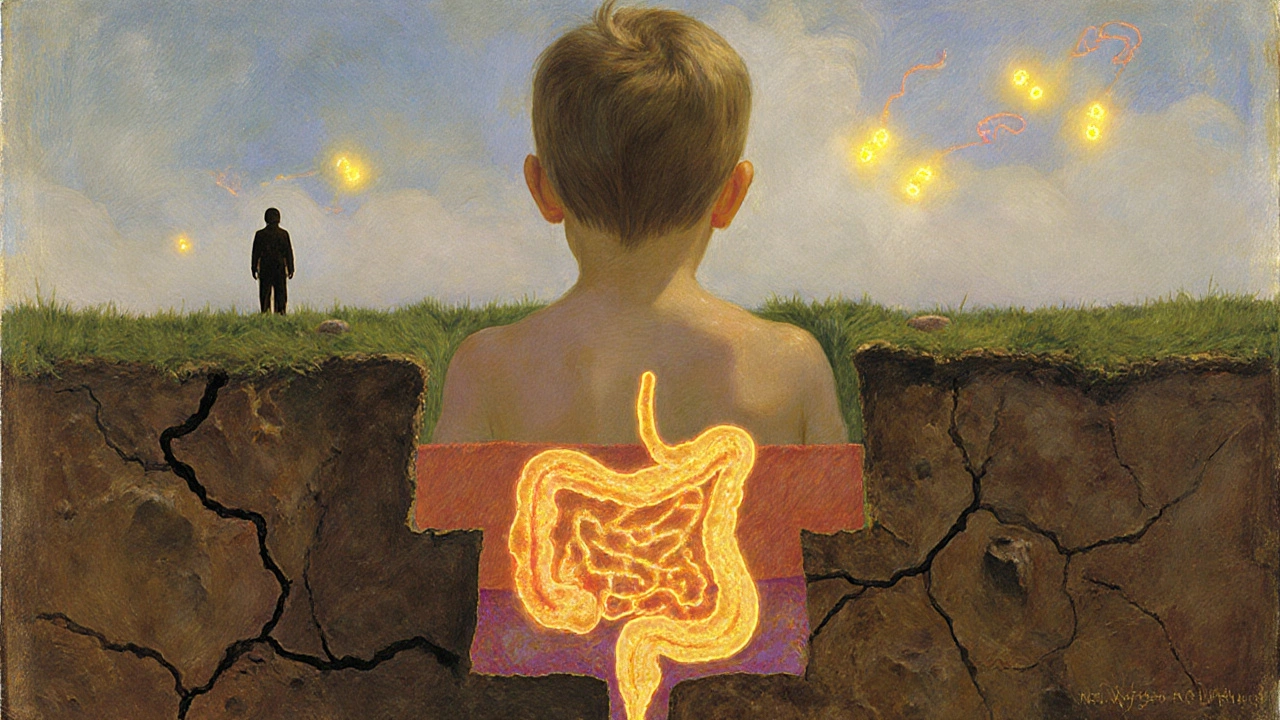 A child’s body as a landscape: cracked skin above, thriving gut microbes below, with allergies fading in the distance.