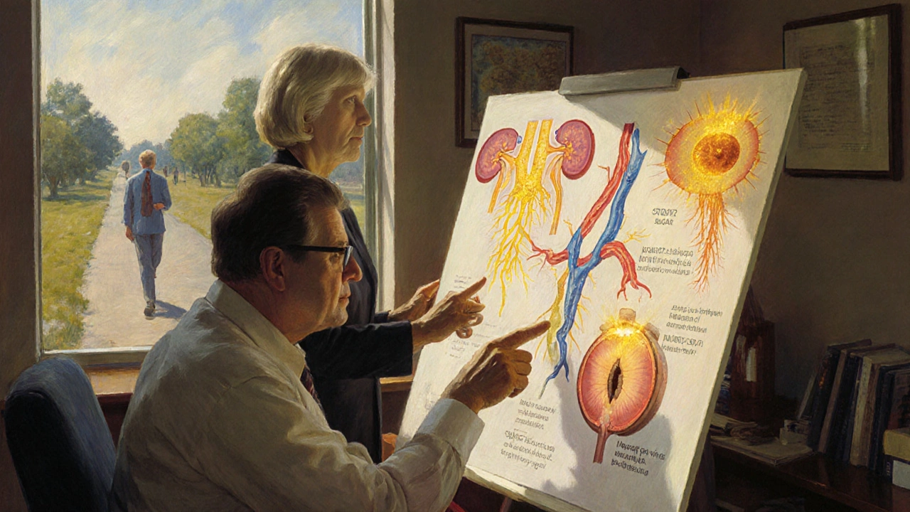 A doctor and patient reviewing an illustrated chart of kidneys, nerves, and eyes being healed by glowing medications in a medical office.