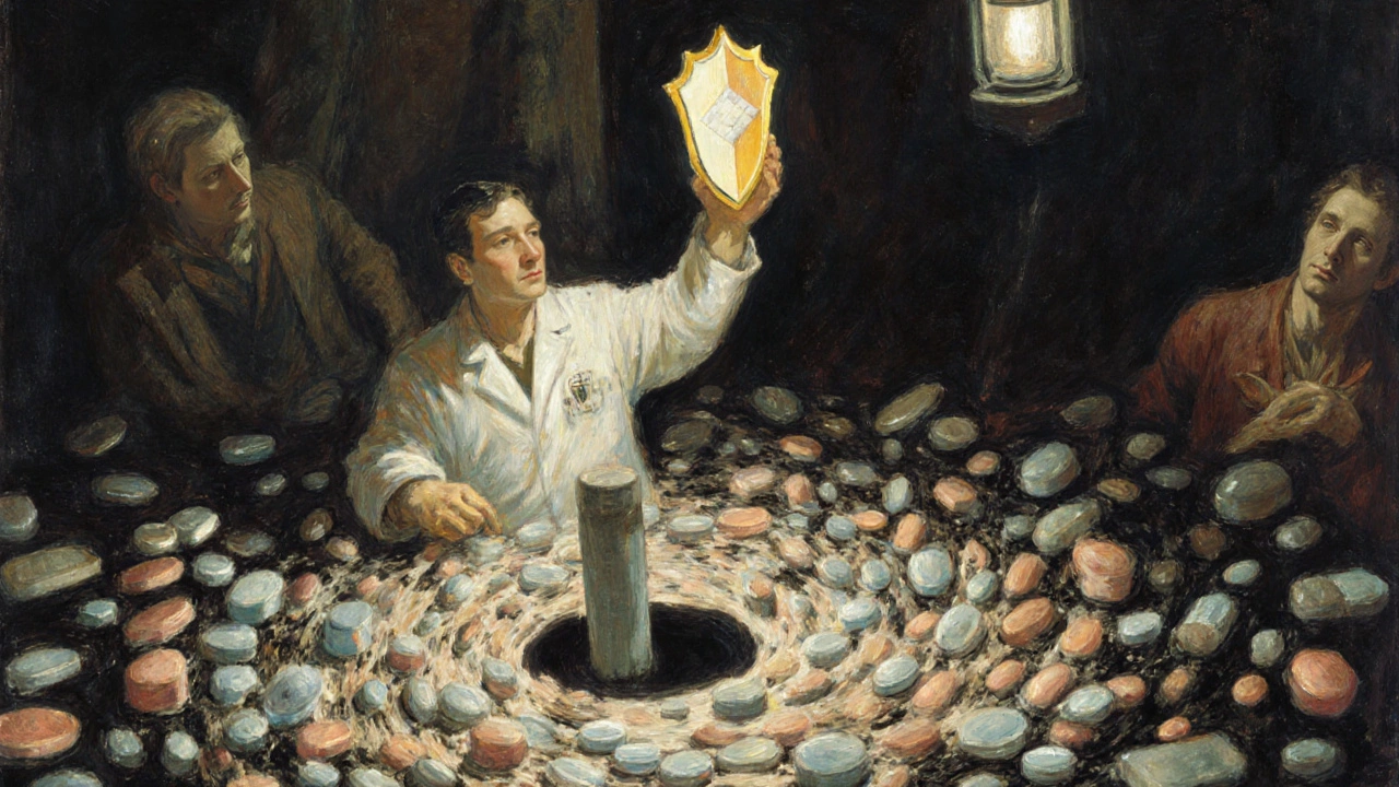 A doctor holding a protective pill shield against a storm of NSAIDs, in classic N.C. Wyeth heroic illustration style.