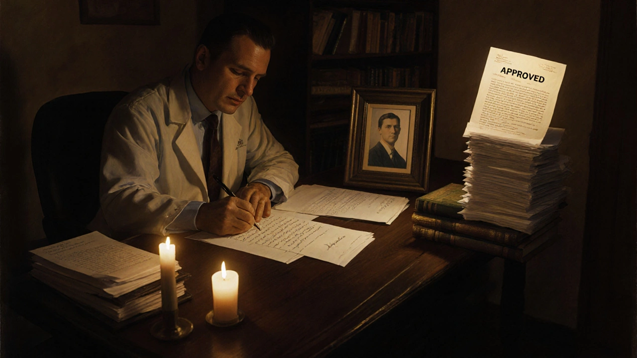 A doctor writing an appeal letter by candlelight, surrounded by denial letters and one approved notice.