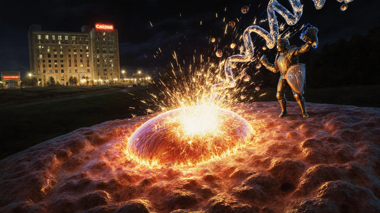 A glowing muscle cell under siege by calcium ions, with dantrolene molecules and CRISPR editing symbolized as heroic figures.
