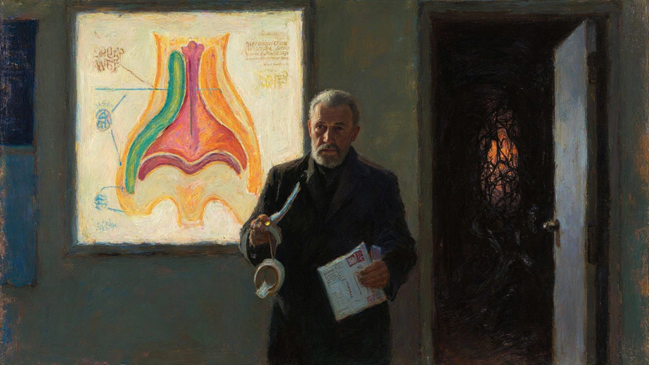 A man stands at a clinic door, holding a sleep test kit, leaving behind mouth tape as a medical diagram glows behind him.