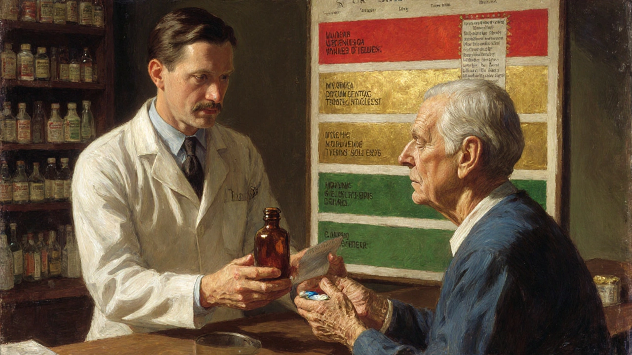 A pharmacist giving a patient a different generic pill, while a tiered drug chart looms behind them.