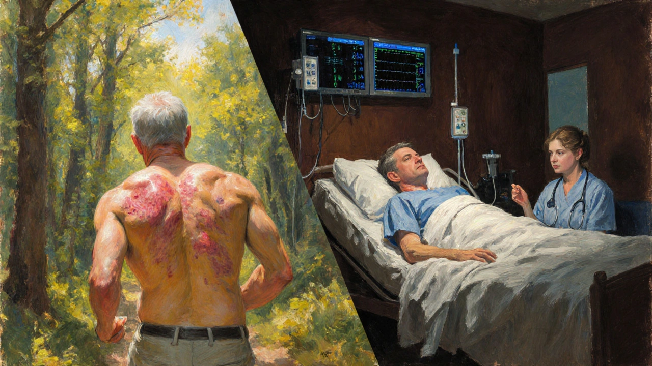 A split scene showing a person with shingles hiking versus the same person hospitalized with blood clot symptoms.