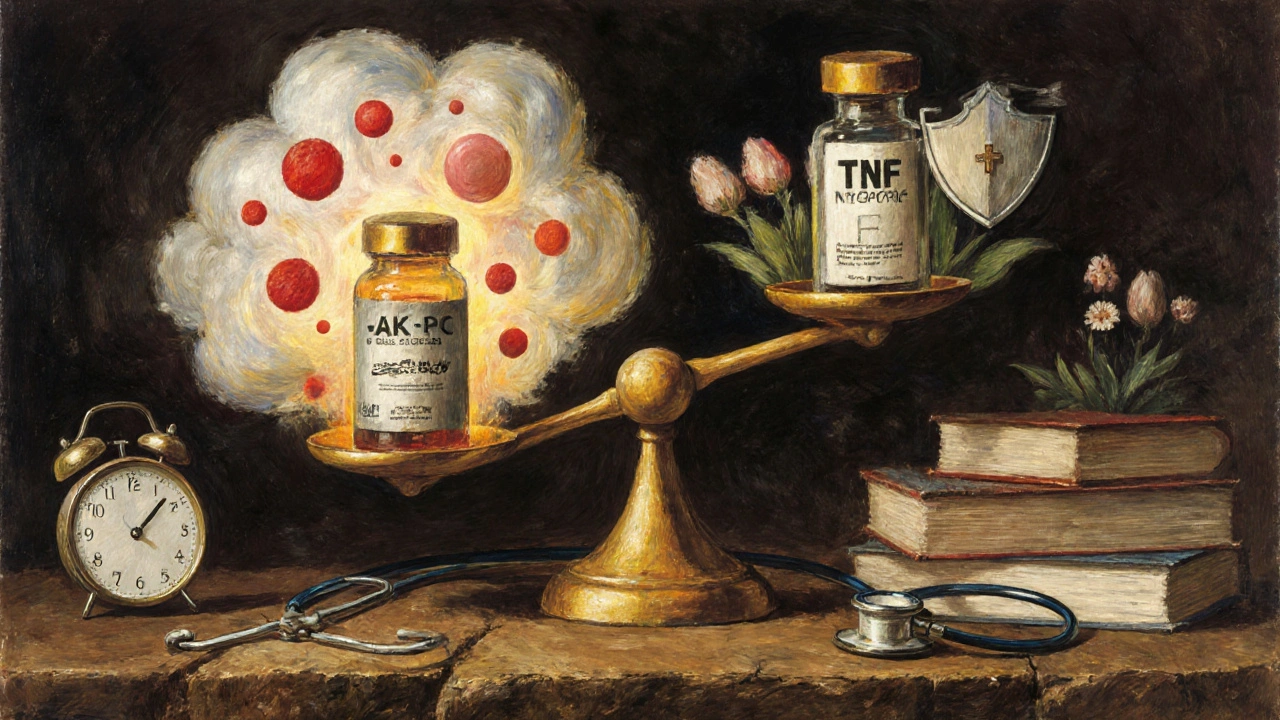 A symbolic scale balancing a dangerous JAK inhibitor pill against safer alternatives surrounded by health symbols.
