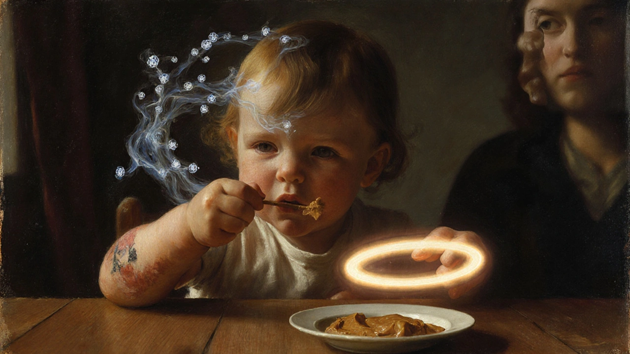 A toddler is fed peanut butter while immune responses swirl around them, symbolizing tolerance development.