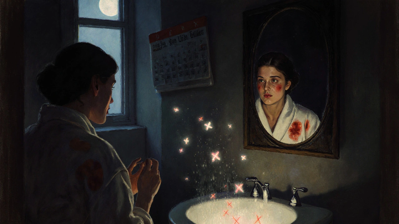 A woman in a bathroom mirror seeing glowing yeast infections on her skin, with sugar spores rising from her urine.