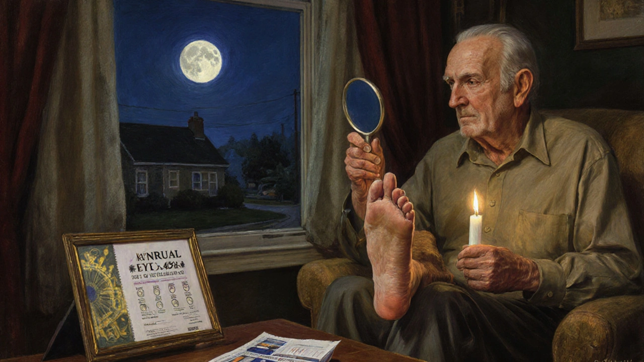 An elderly man checking his feet by candlelight with a mirror, surrounded by medical reminders and a peaceful night view outside.