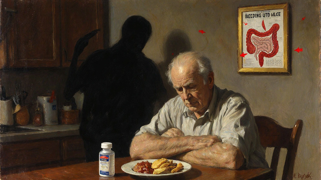 An elderly man staring at ibuprofen bottles, shadowed by a bleeding ulcer, rendered in rich, dramatic oil-painting detail.