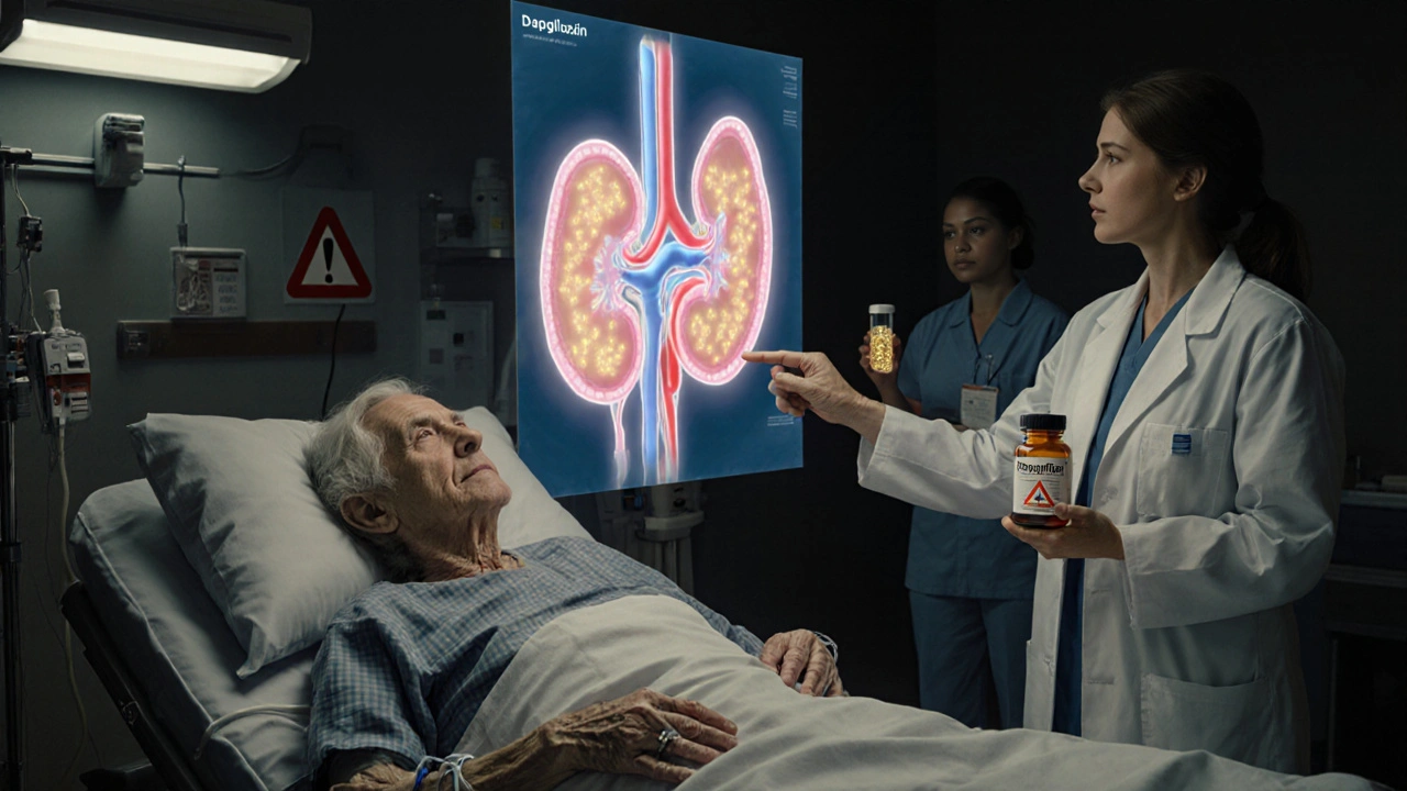 An elderly woman in a hospital ER with a glowing kidney infection diagram, while a pharmacist holds a caution-labeled pill bottle.