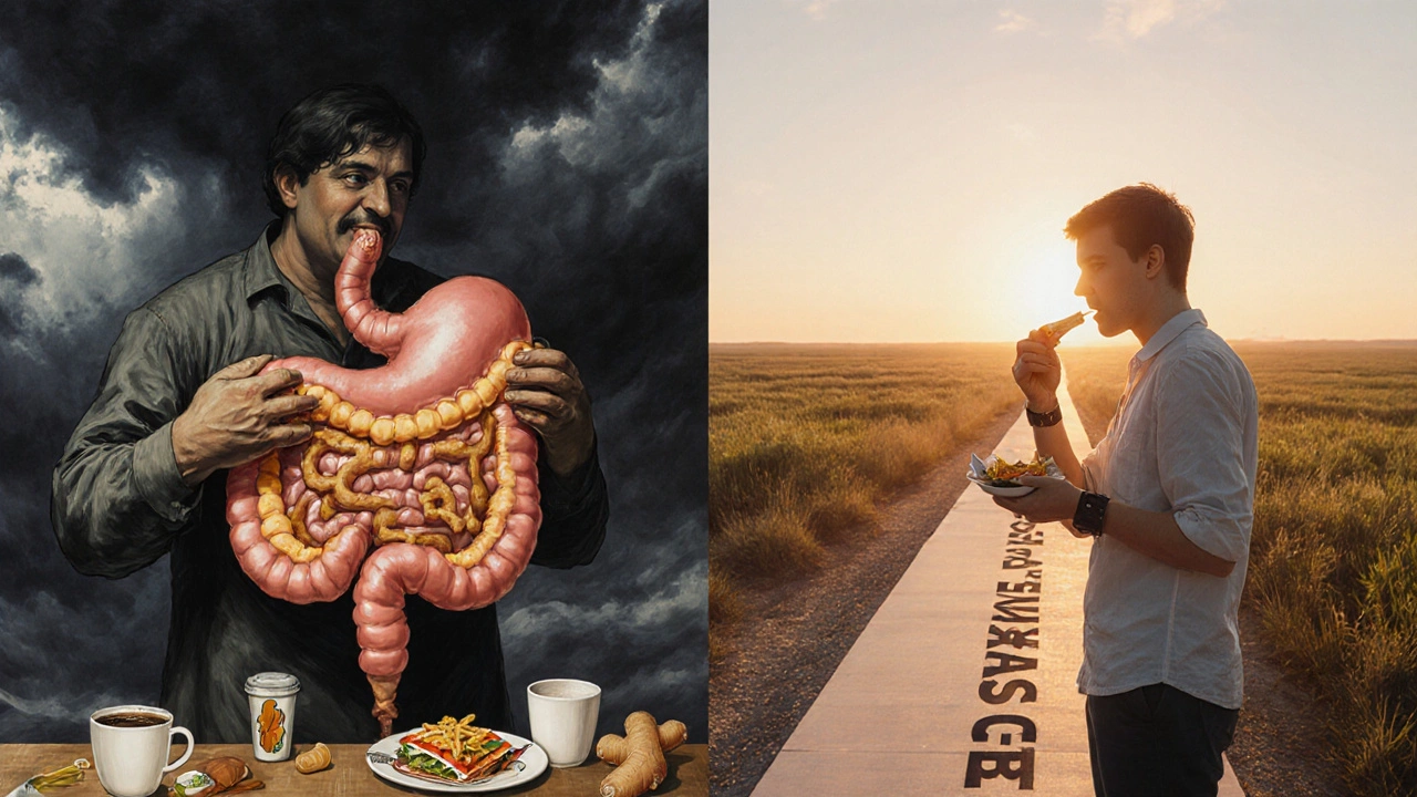 Before and after scene: chaotic nausea vs. peaceful progress with dietary changes.