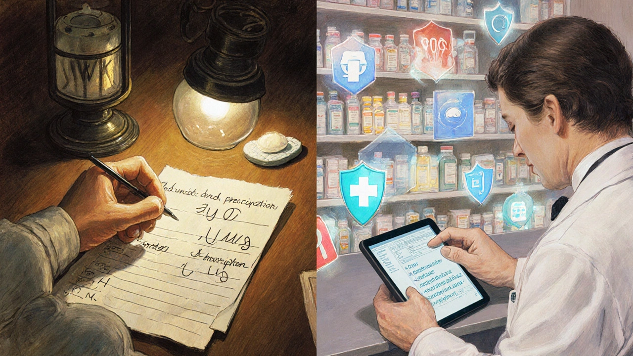 Contrasting handwritten dangerous abbreviations with modern digital corrections in a pharmacy setting.
