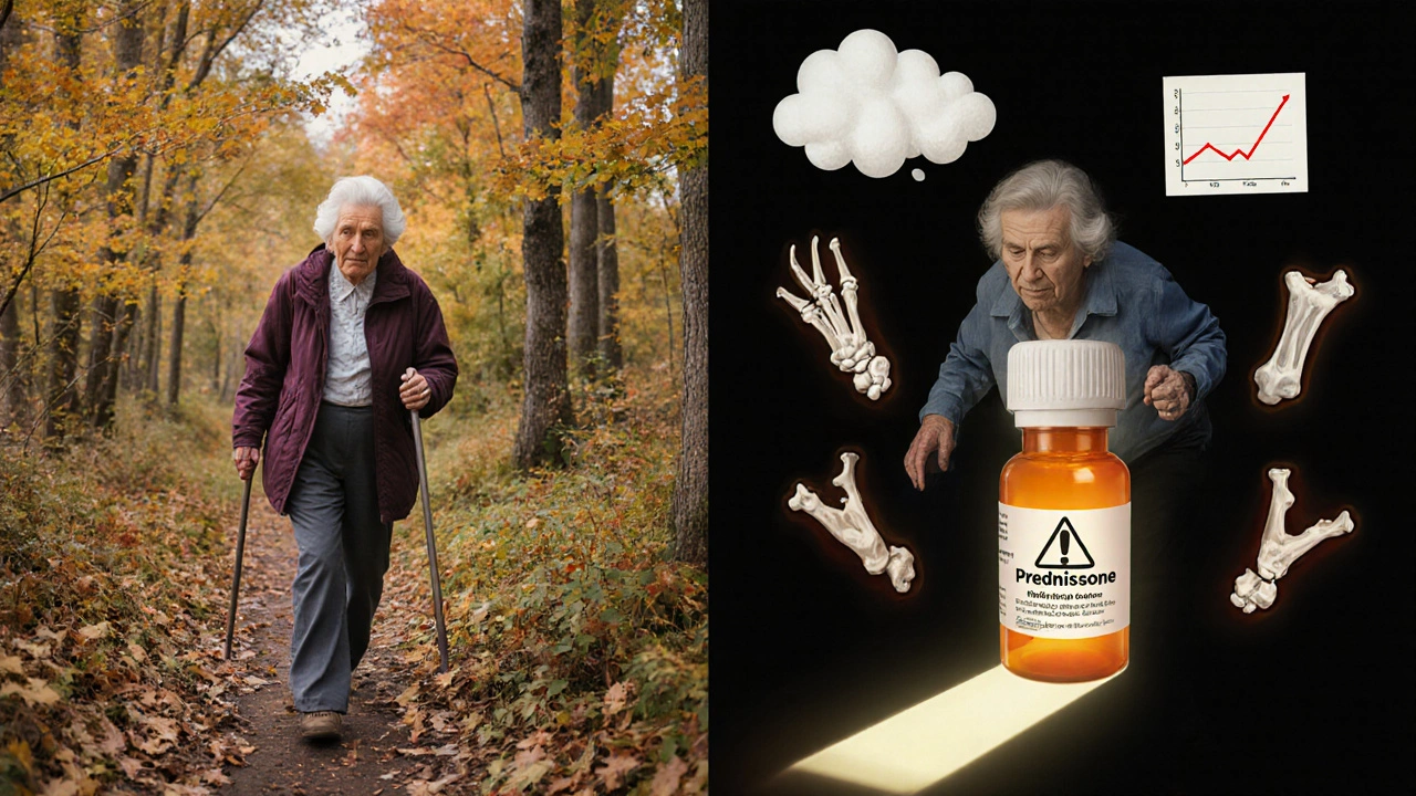 Elderly woman contrasted between health and steroid side effects: moon face, broken bones, and rising blood sugar.