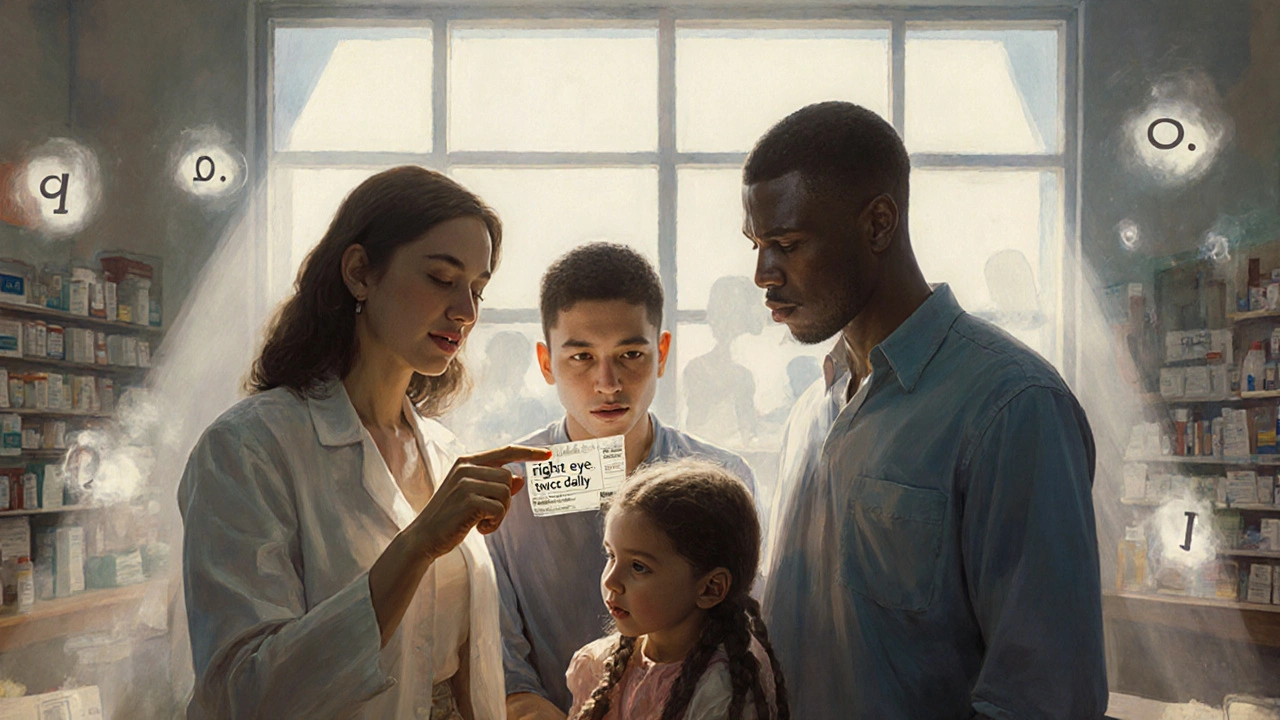 Family relieved at clear prescription instructions as ghostly Latin symbols fade away in a bright pharmacy.