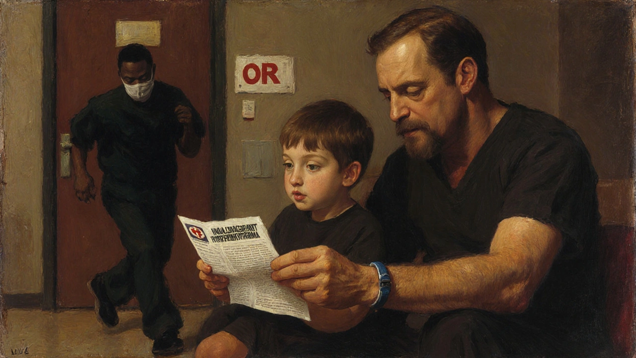 Father and child in a hospital waiting area, the child wearing a medical alert bracelet as a surgeon rushes past.