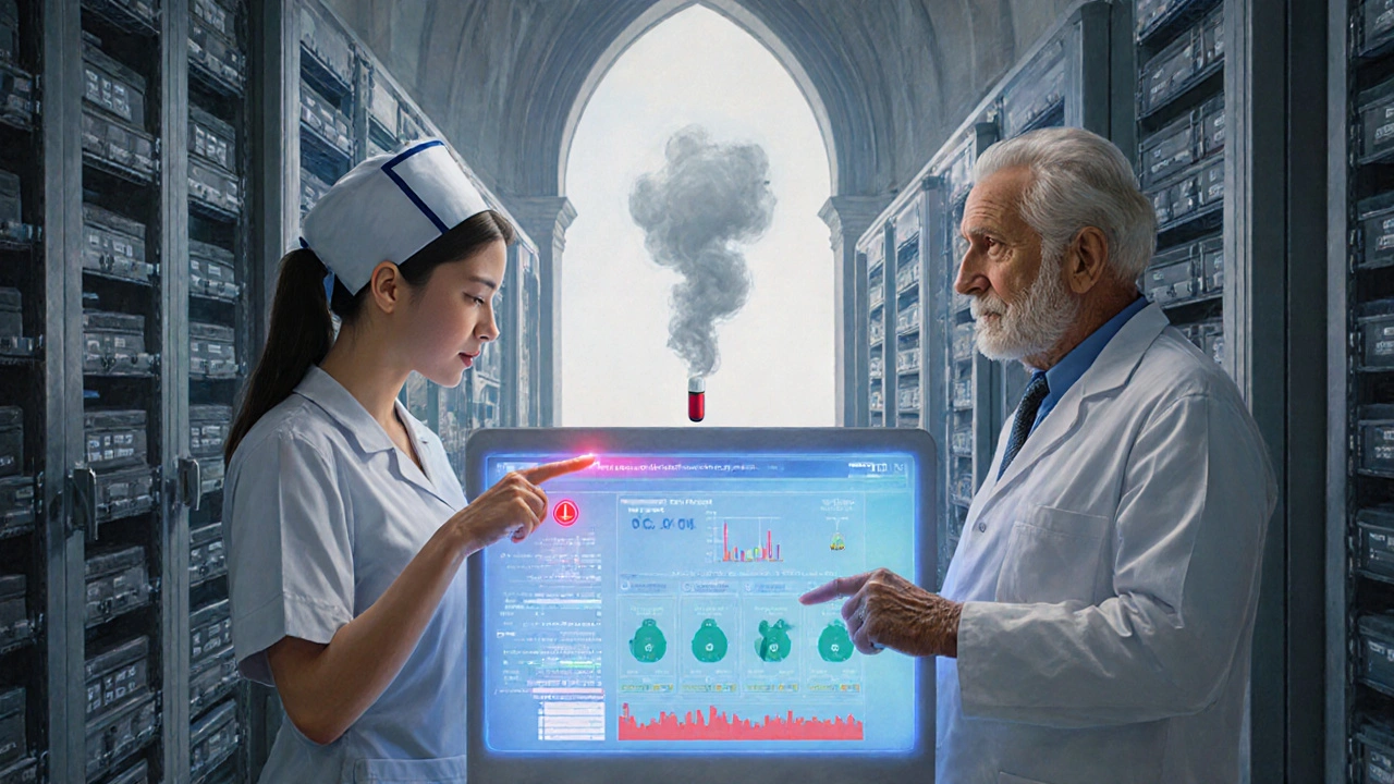 Healthcare team gathered around a digital dashboard displaying drug inventory alerts, with automated cabinets in the background.