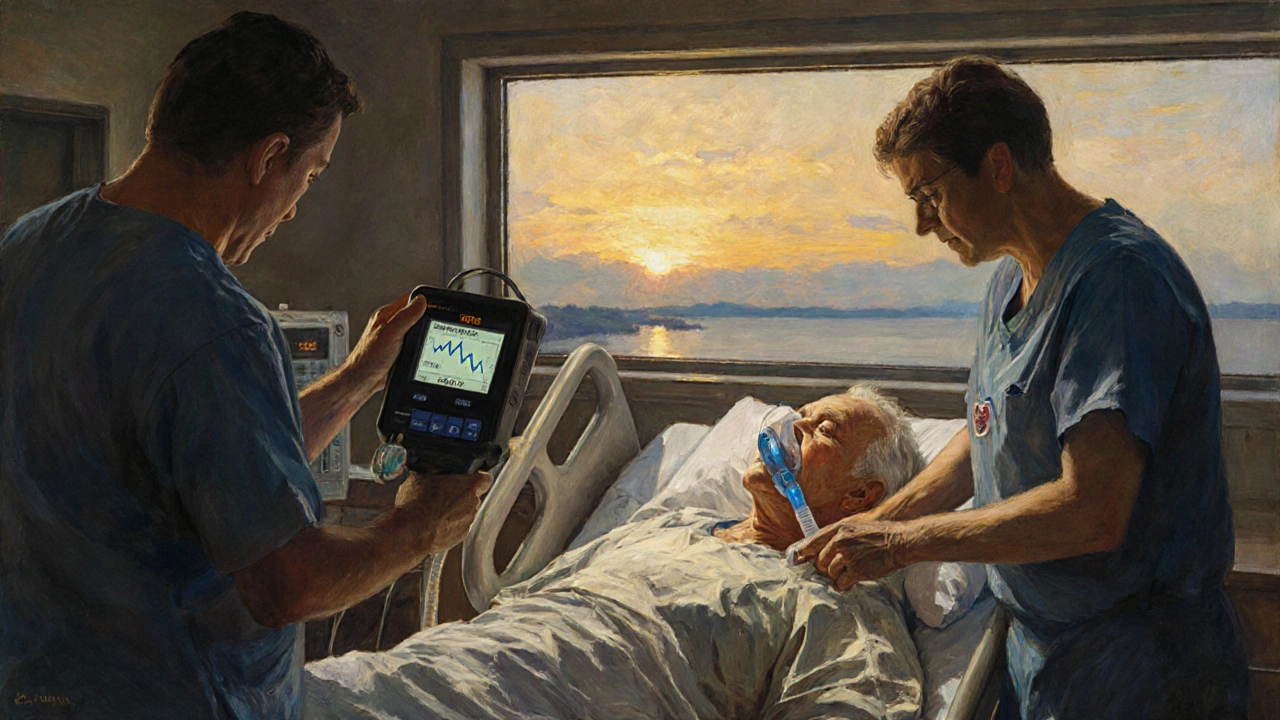 Medical staff reacting to a respiratory alarm as a senior lies still with oxygen mask and capnography device.
