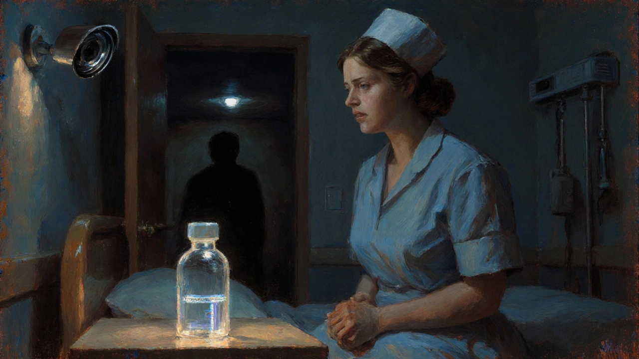 Nurse preparing to document drug waste with a smart vial, under surveillance camera light, in a dim hospital room.
