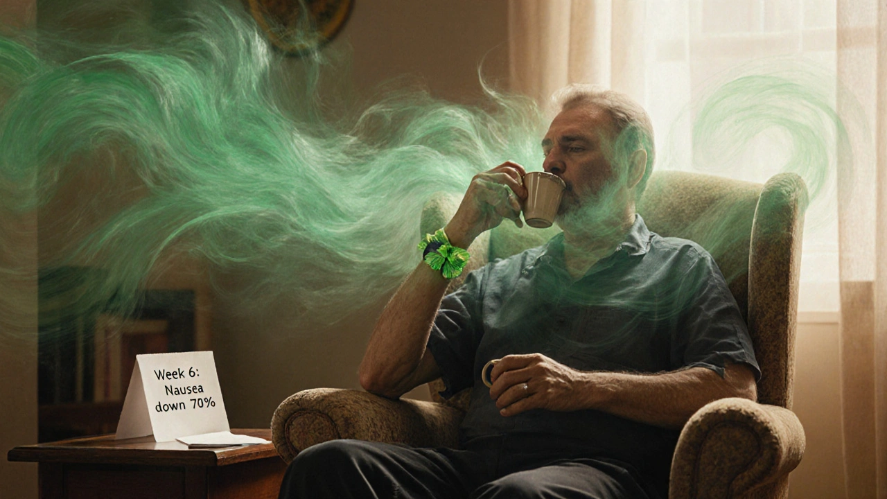 Person wearing acupressure wristband, sipping peppermint tea as nausea fades.