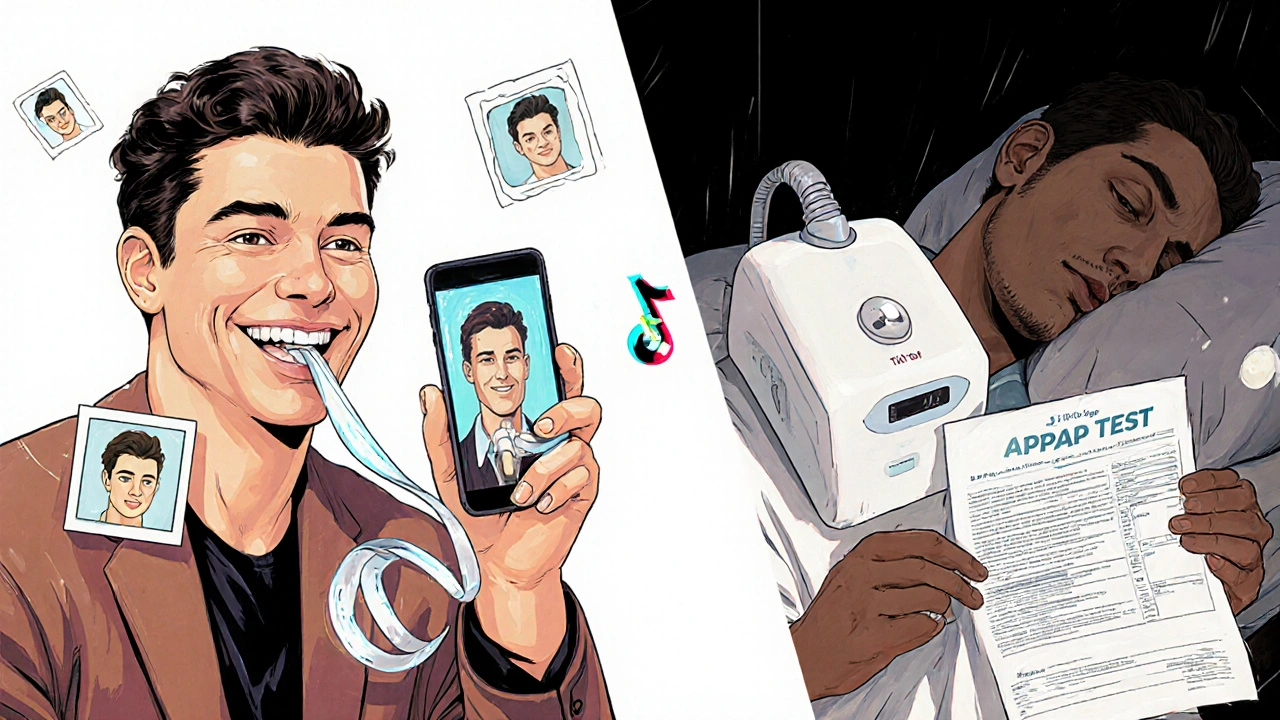 Split illustration: an influencer celebrates mouth tape on one side, while a doctor presents CPAP therapy on the other.