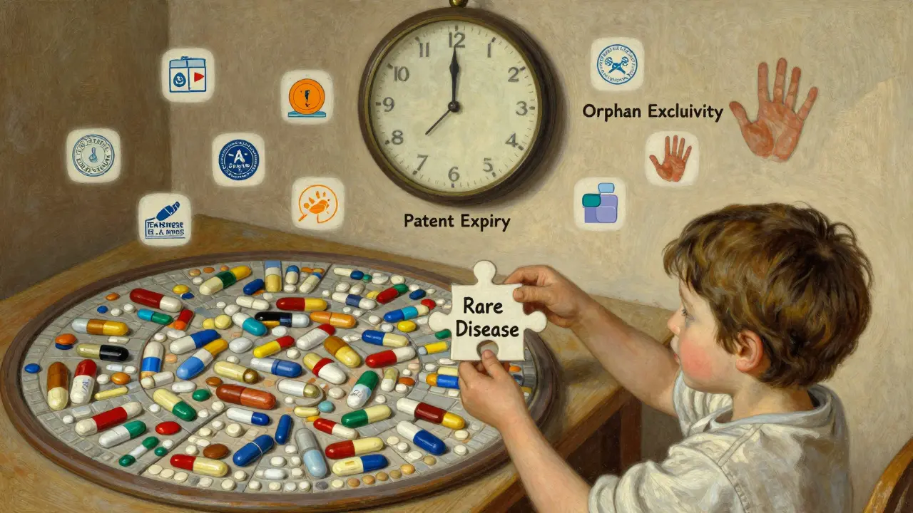 A child places a rare disease puzzle piece into a mosaic of medicines, with a ticking exclusivity clock above, in N.C. Wyeth style.