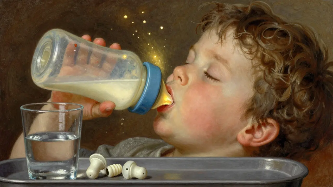 A child sucking from a bottle with a glowing Eustachian tube visualized behind the throat, symbolizing pressure relief.