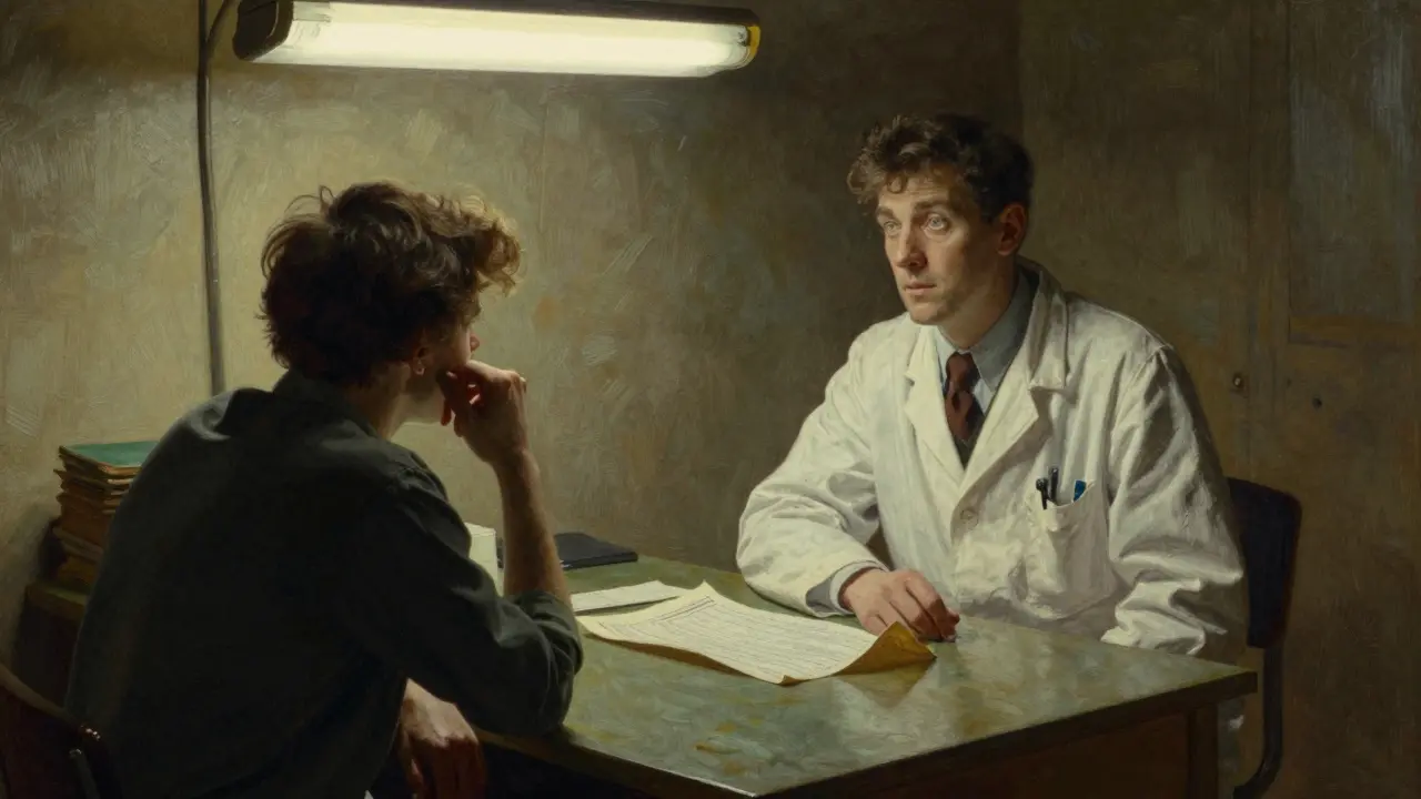 A doctor and patient in a tense office exchange, with an untouched prescription on the table, reflecting communication gaps in care.