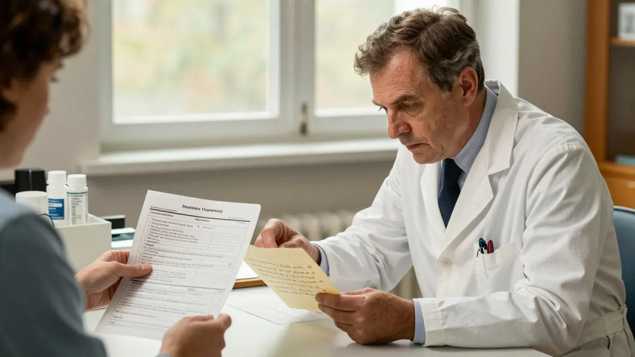A doctor and pharmacist working together to help a patient navigate insurance formulary changes with letters and assistance forms.