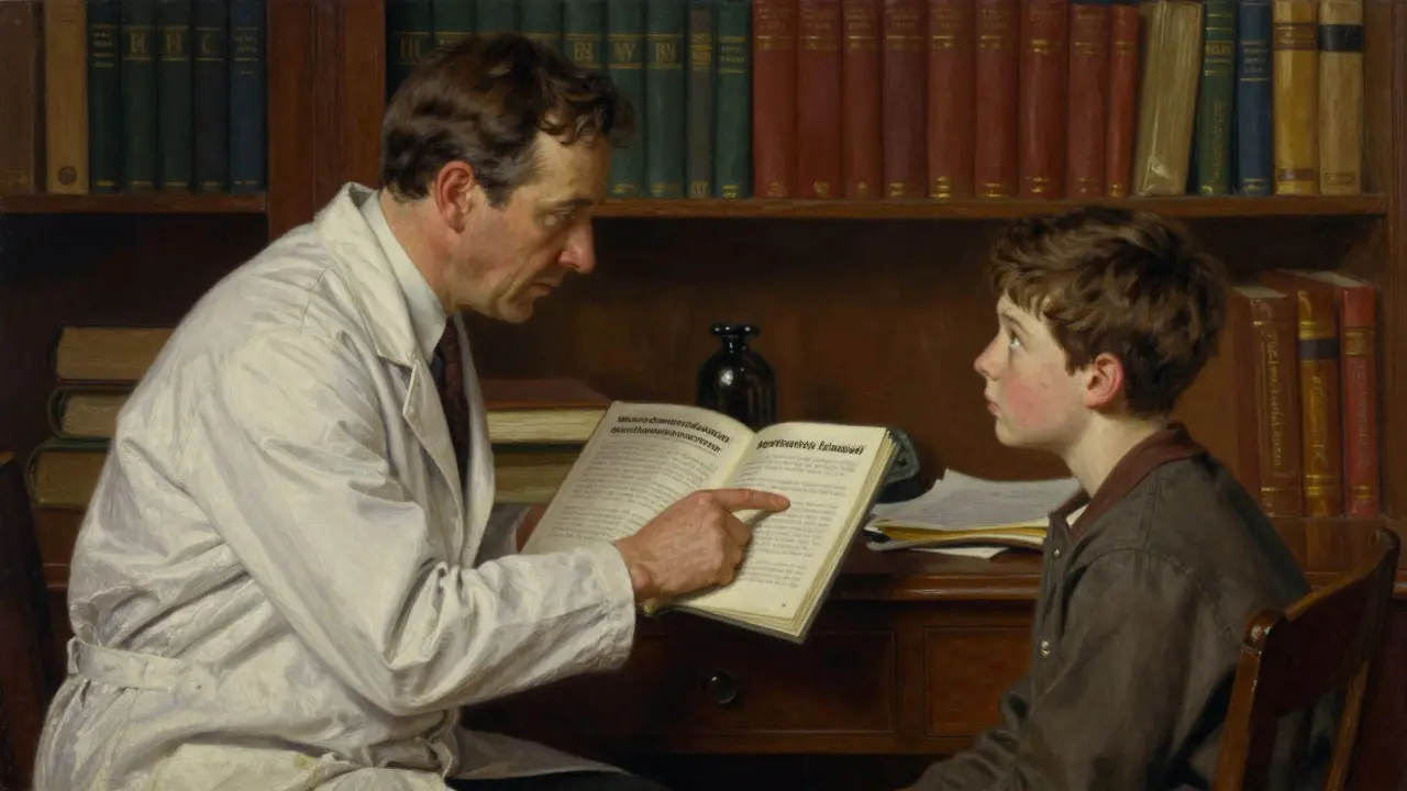 A doctor and teenager discuss a medication guide in a warmly lit office, conveying cautious trust and care.