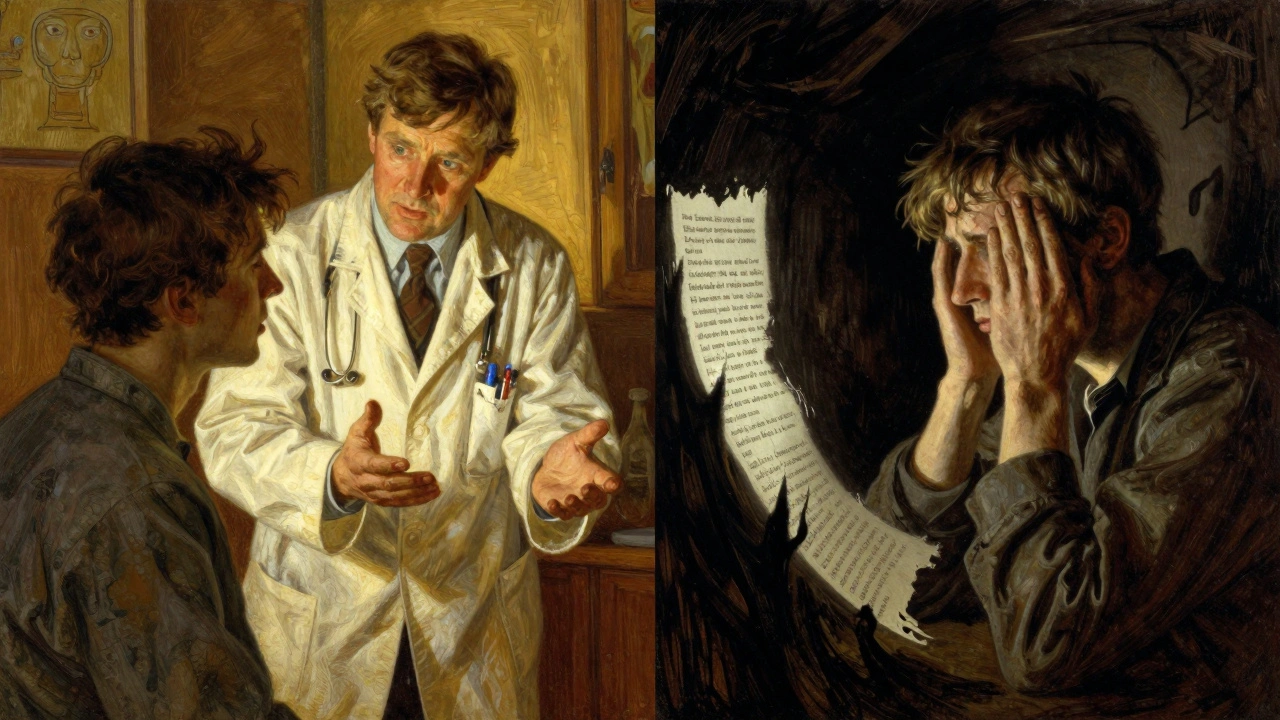 A doctor speaks kindly to a patient while another sees threatening images from a medication leaflet.