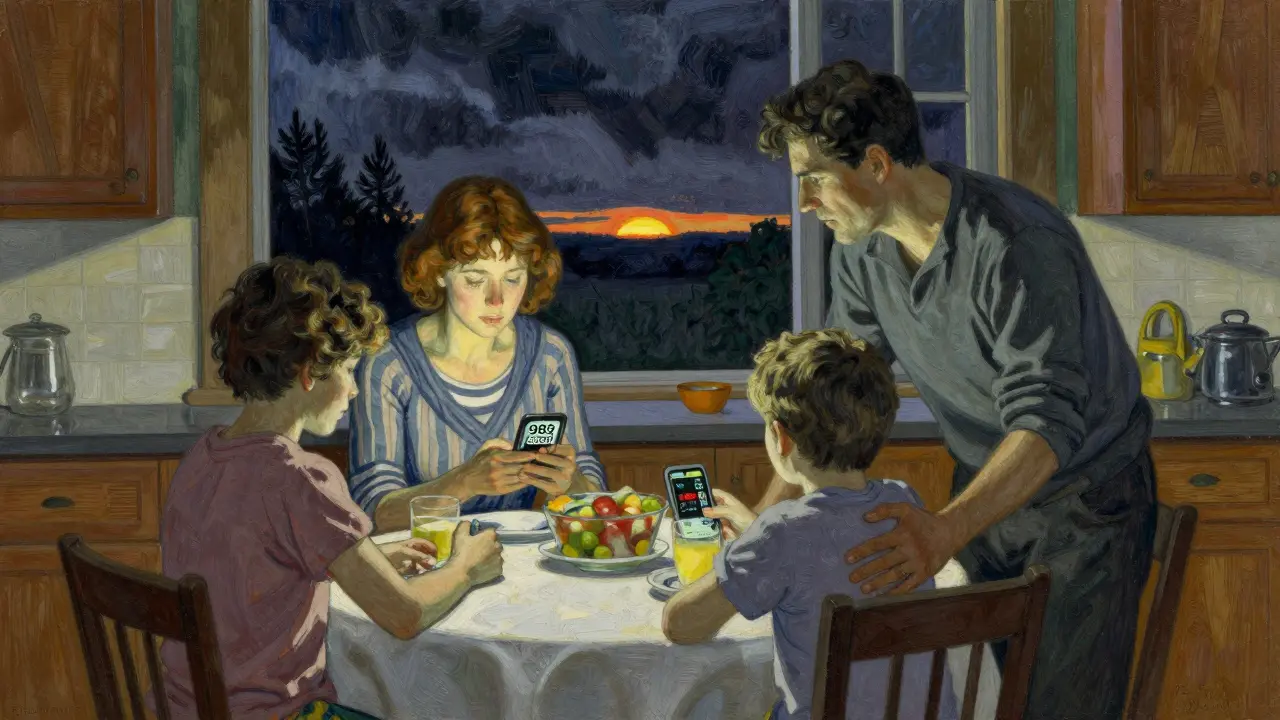A family gathers at night, united around a crisis number, as dawn breaks outside symbolizing hope after hardship.