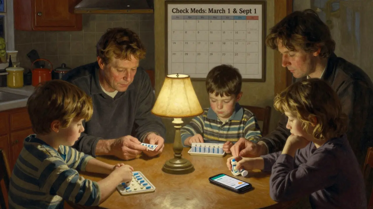 A family reviewing medications and a phone app at a kitchen table with a calendar.