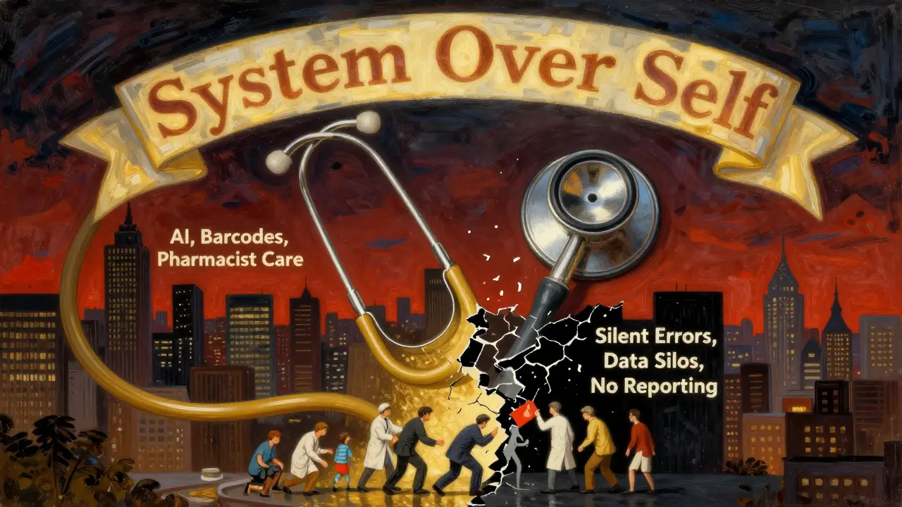 A giant fractured stethoscope towers over a city, symbolizing healthcare system failures and solutions, with tiny figures trying to repair it.