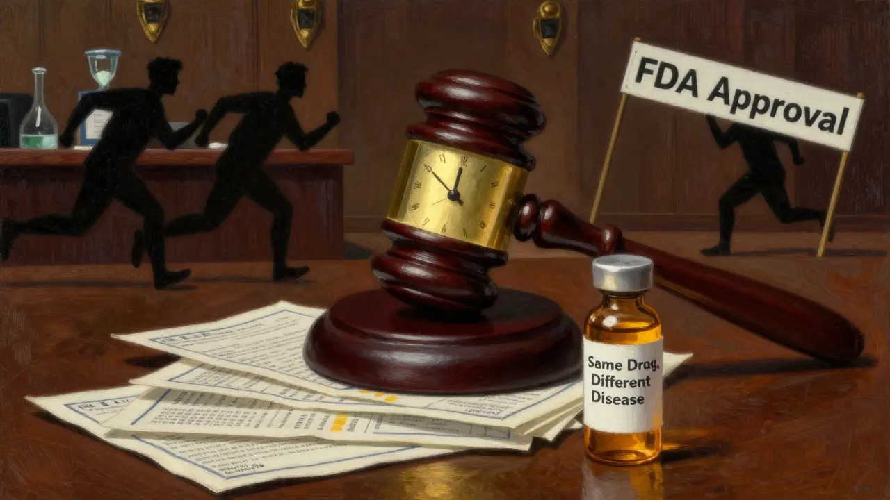 A golden vial glows as generic drug labels fall beneath a seven-year clock gavel, in N.C. Wyeth style.