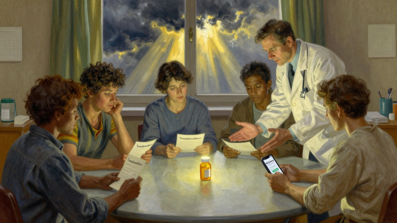 A group of people and a doctor at a clinic table, with a glowing pill bottle at the center under breaking sunlight.