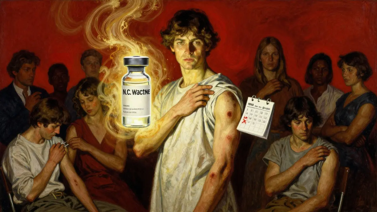 A patient stands confidently beside a vaccine vial, hand pressed over the injection site as past bruises fade into light.