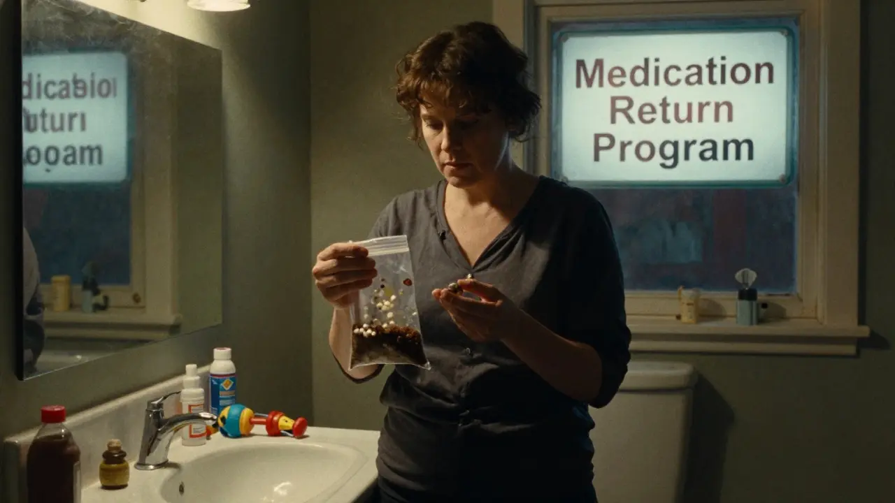 A person disposing of expired pills in a sealed bag near a pharmacy sign.