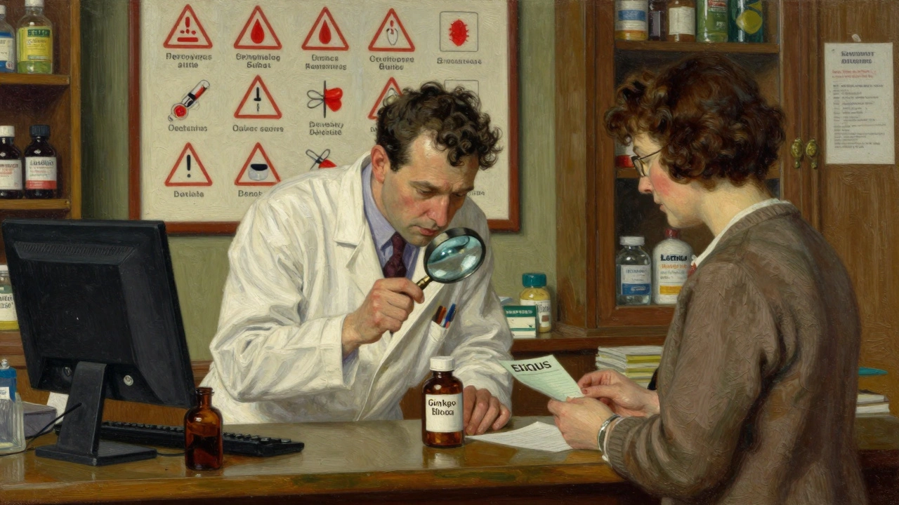 A pharmacist examines a ginkgo supplement bottle beside a patient’s blood thinner prescription in a warm, old-fashioned pharmacy.