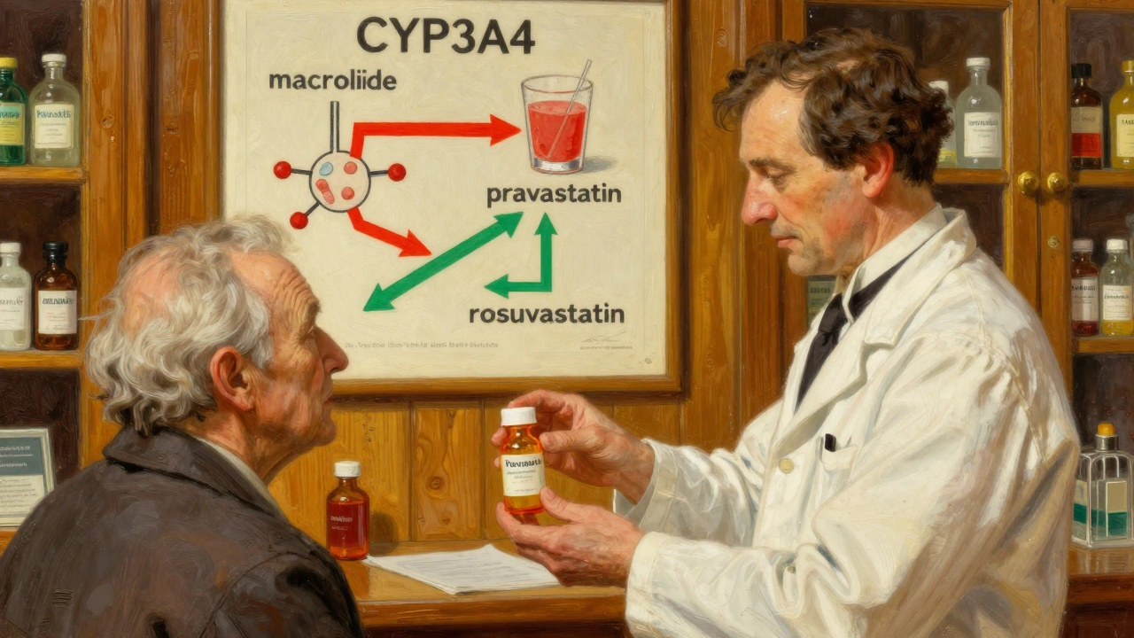 A pharmacist handing pravastatin to an older patient, with a visual chart showing safe and unsafe statin pathways.