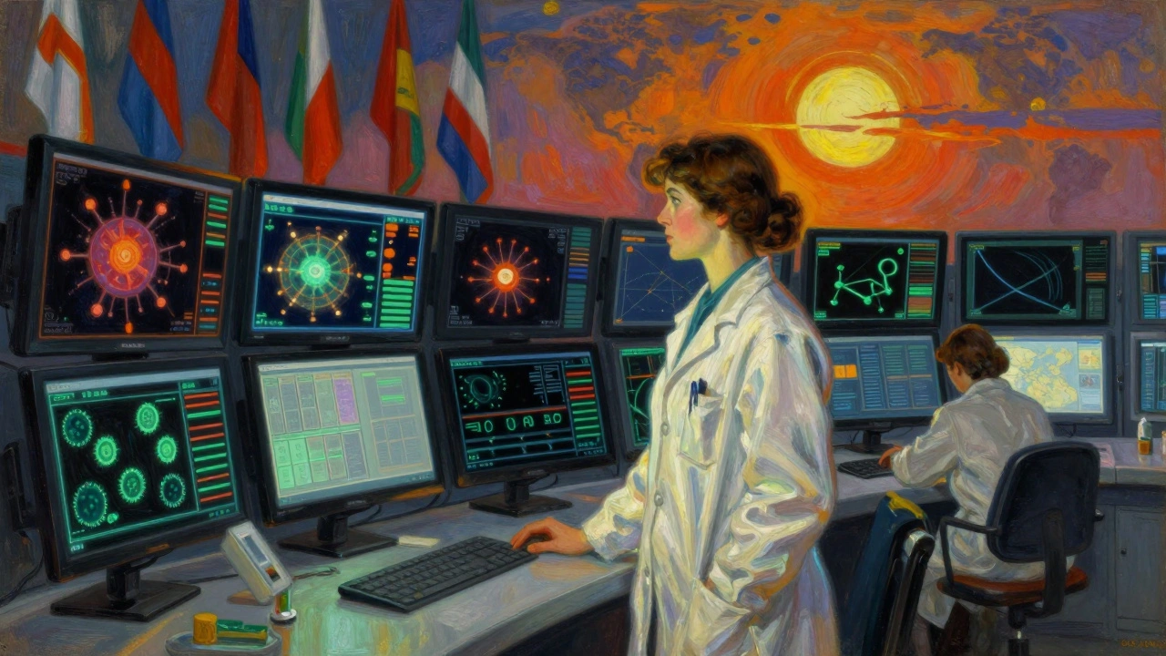 A scientist monitors real-time cleanroom data, with a symbolic sunrise behind her representing global compliance.