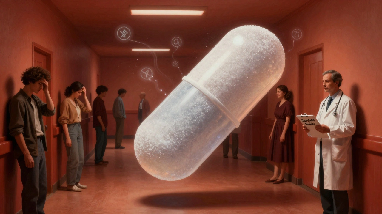 A transparent sugar pill emits symptoms into a hospital hallway, with patients reacting differently.
